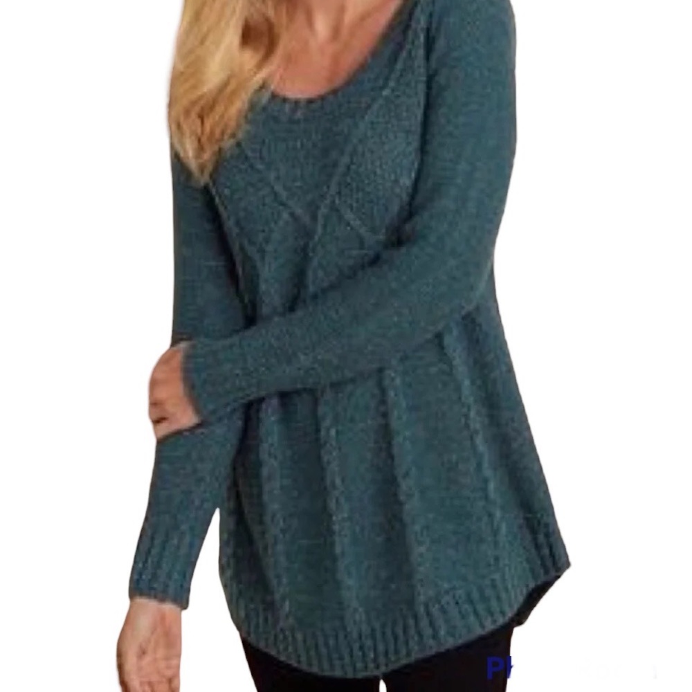 Soft Surroundings Teal Metallic Cable Knit Wool Blend Tunic Sweater Women’s Sz S
